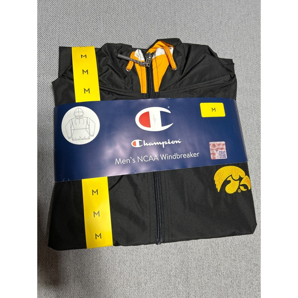 Champion Men Iowa Hawkeyes NCAA Windbreaker Medium Black Full Zip Hooded Jacket